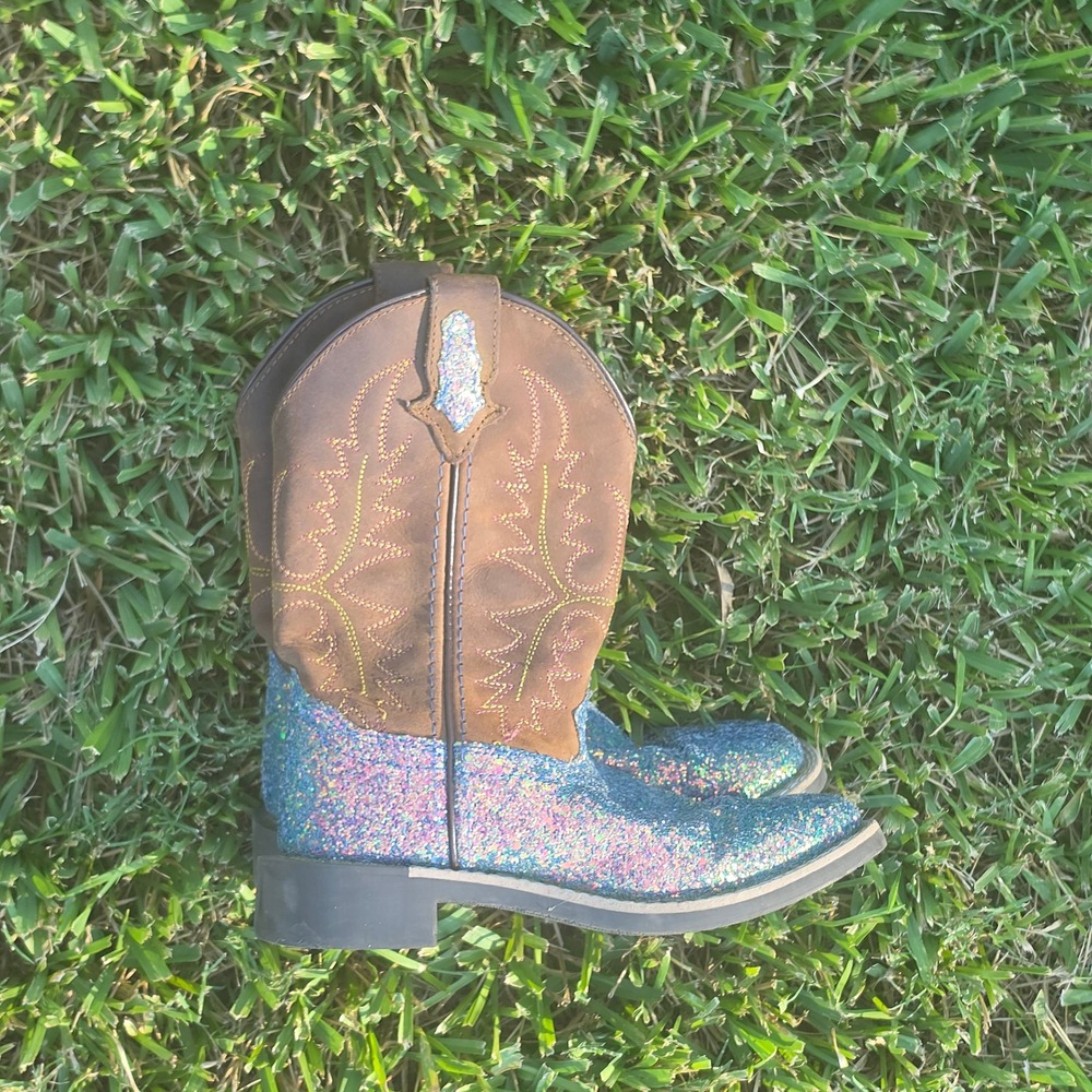 Girls Blue Glitter Brown Western Cowgirl Boots Square Toe Pink Leopard Lining - Picture 3 of 10